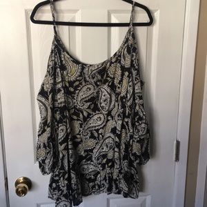 Black, white, yellow paisley cold shoulder blouse